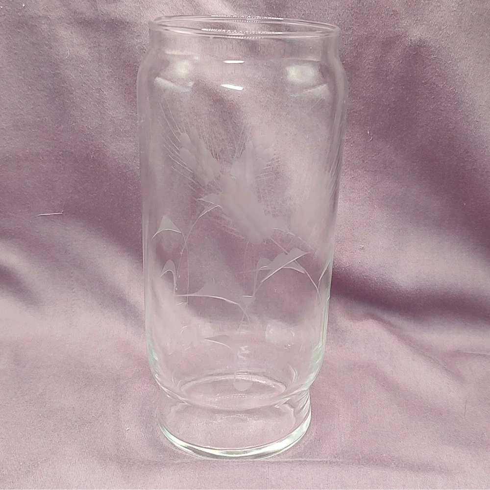 Vintage Clear Glass Vase Etched‎ Wheat Both Sides Cylinder Seven Inches 1970s